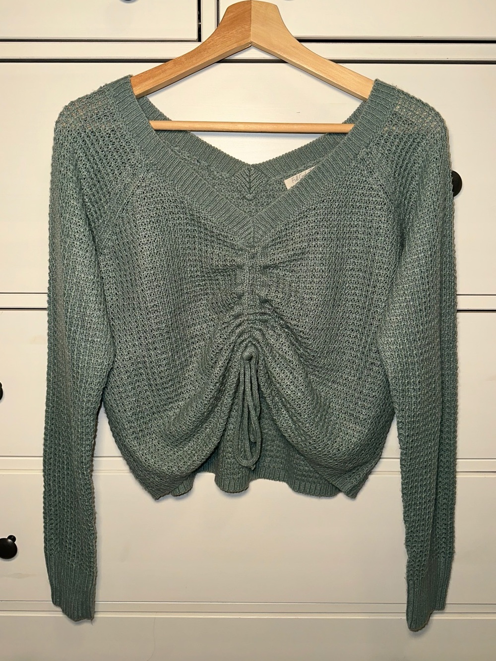 Sage Green Cinched Ruched V-Neck Knit Sweater
